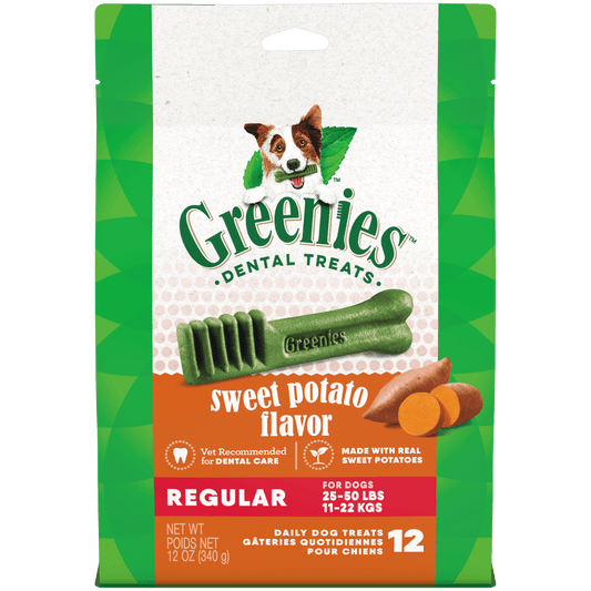 Greenies Sweet Potato Regular Dental Dog Treats 340g pack showing sweet potato flavor for dogs.