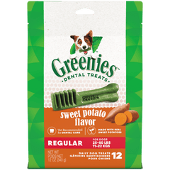 Greenies Sweet Potato Regular Dental Dog Treats 340g pack showing sweet potato flavor for dogs.