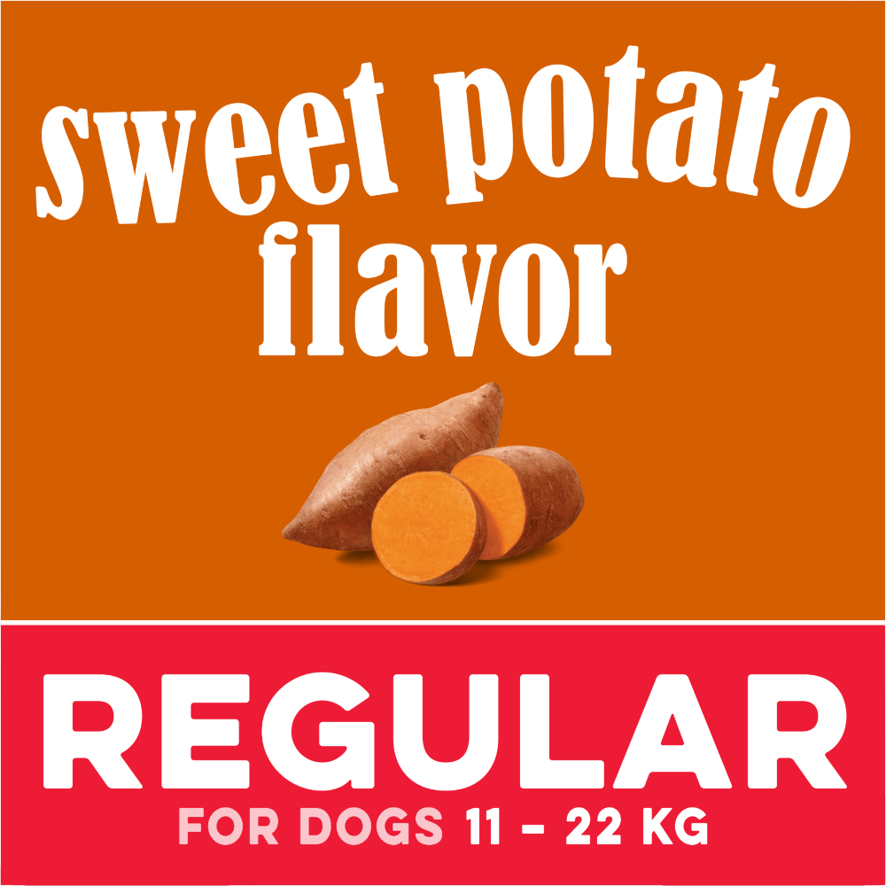 Greenies Sweet Potato Regular Dental Dog Treats 340g packaging featuring sweet potato flavor for dogs 11-22 kg.