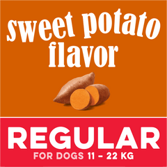 Greenies Sweet Potato Regular Dental Dog Treats 340g packaging featuring sweet potato flavor for dogs 11-22 kg.