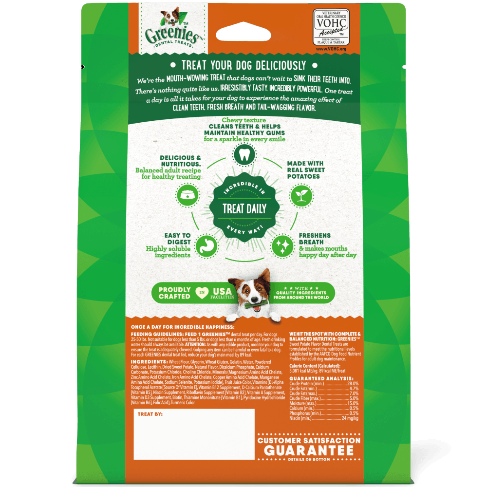 Greenies Sweet Potato Regular Dental Dog Treats 340g packaging showing benefits and ingredients for dogs.