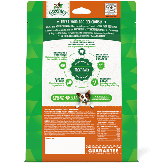 Greenies Sweet Potato Regular Dental Dog Treats 340g packaging showing benefits and ingredients for dogs.