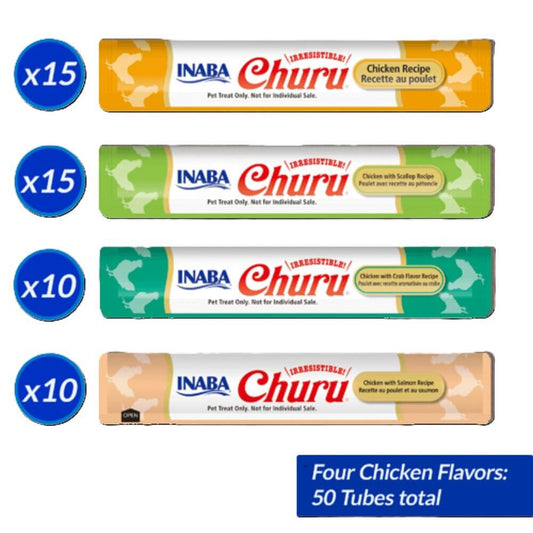 Four packages of INABA Churu pet treats with different flavors on a white background.