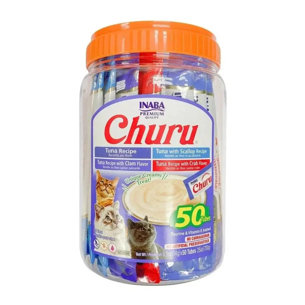 INABA Churu Puree Cat Treats Tuna Seafood Variety Bulk Pack 50 × 14g tubes in a clear container with cats on the label.