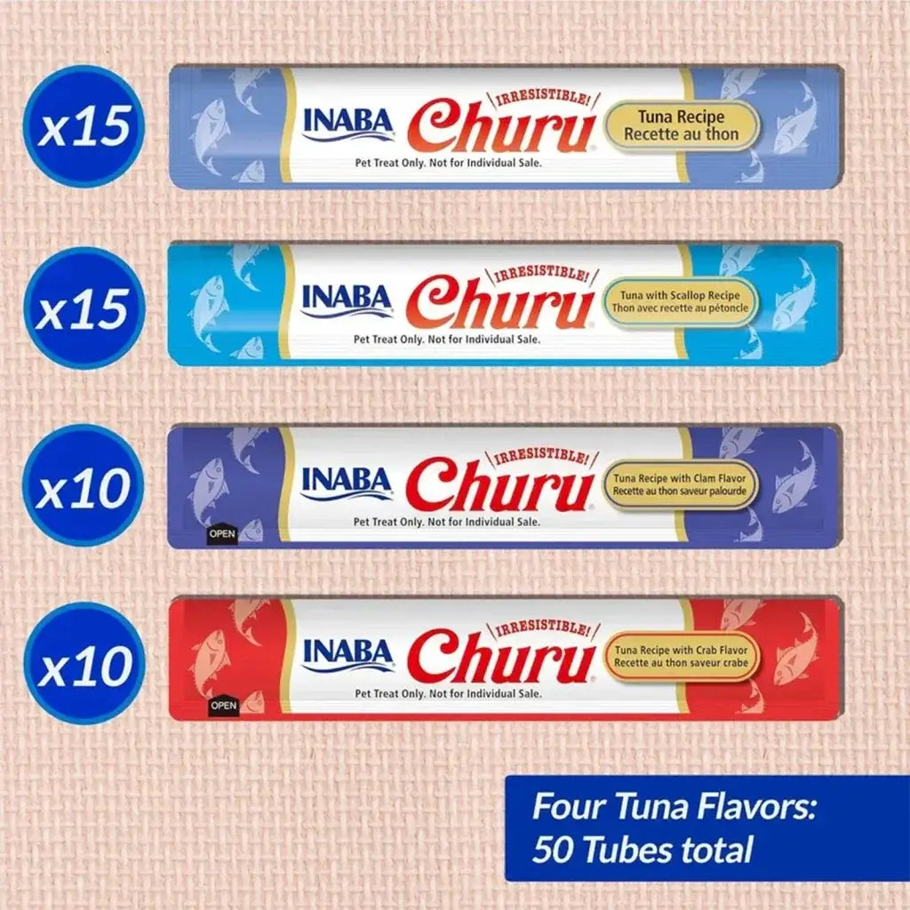 INABA Churu Puree Cat Treats Tuna Seafood Variety Bulk Pack 50 × 14g with four tuna flavors displayed.