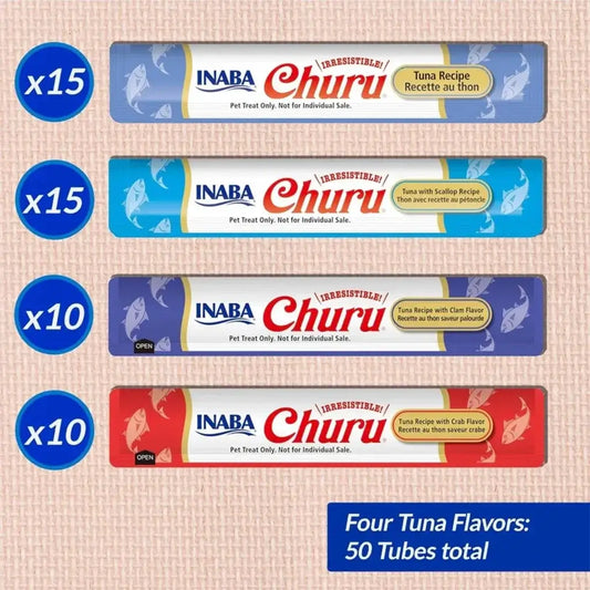 INABA Churu Puree Cat Treats Tuna Seafood Variety Bulk Pack 50 × 14g with four tuna flavors displayed.