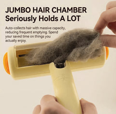 AIWO Static Pet Hair Remover Brush with jumbo hair chamber, effectively collecting pet hair for easy cleaning.
