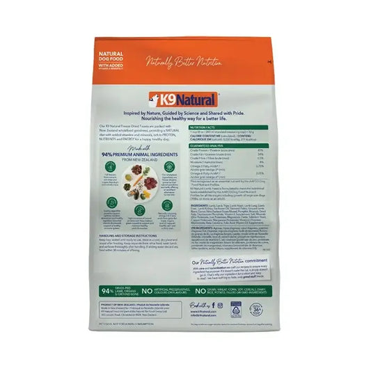 K9 Natural Grain Free Lamb Feast Freeze Dried Raw Dog Food 1.8KG packaging back with ingredients and nutritional info.