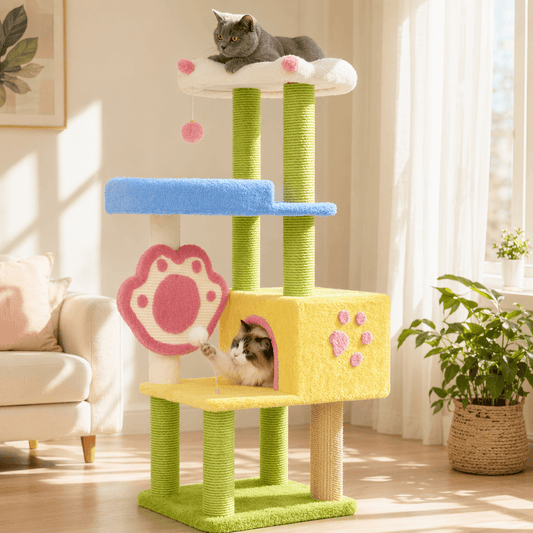 Cat Tree Tower with 360° Rotating Scratch Pad and Sisal Posts 125cm featuring colorful levels and playful cats.