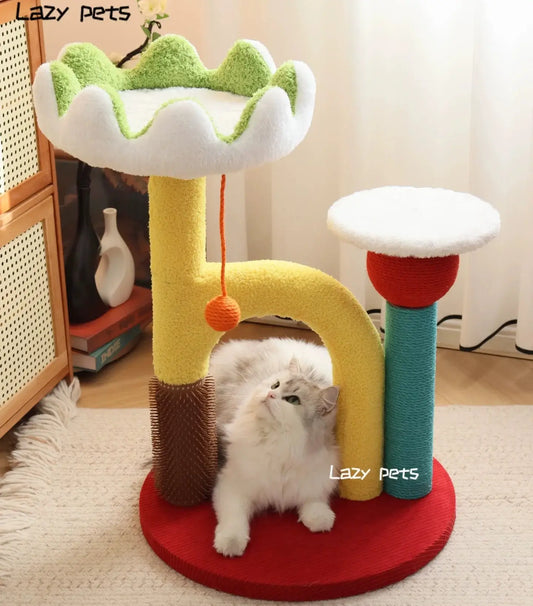 Lotus Flower Cat Tree Tower — 68cm Arch Cat Scratcher with Sisal Post & Flower Nest featuring a playful cat exploring the design.