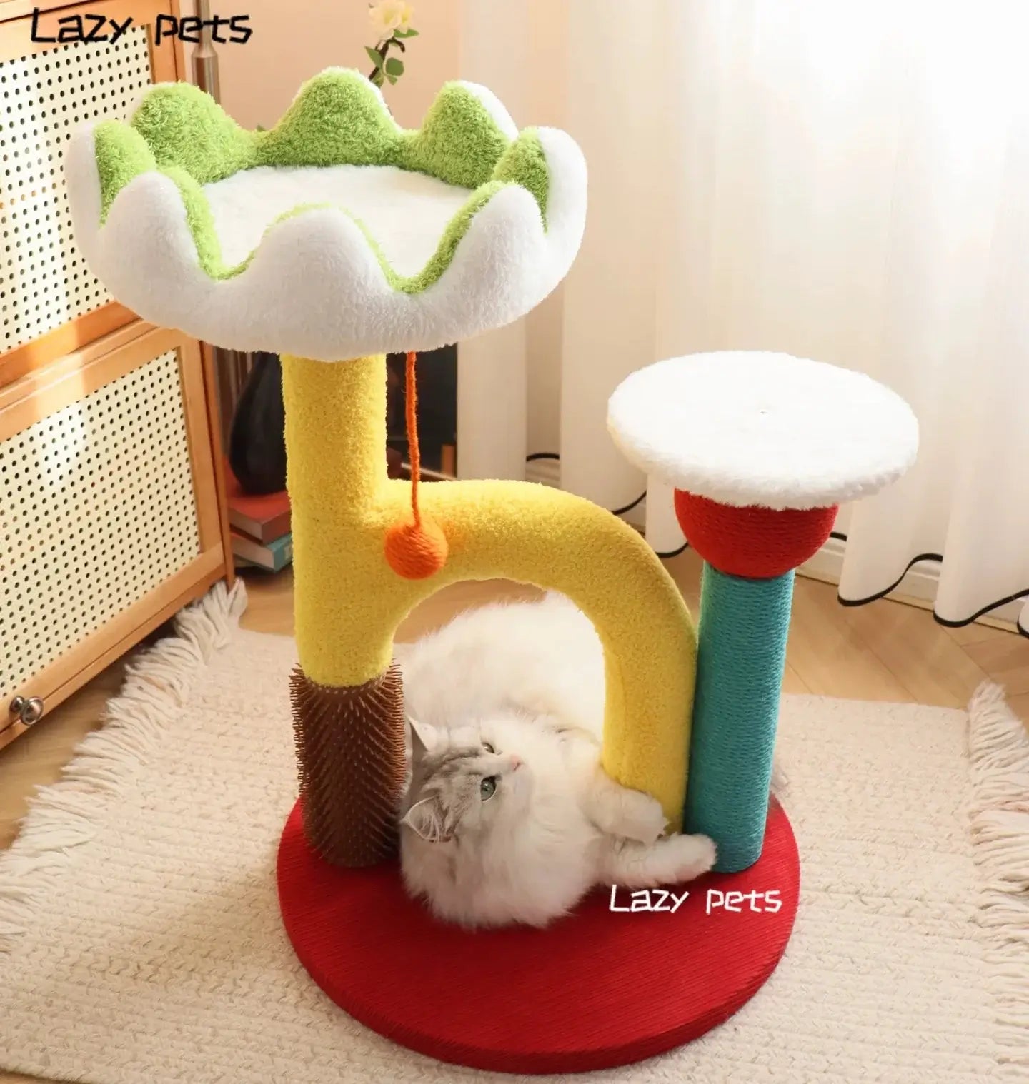 Lotus Flower Cat Tree Tower — 68cm Arch Cat Scratcher with Sisal Post & Flower Nest featuring a playful cat.