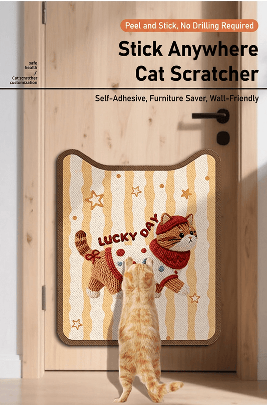 Lucky Day Self-Adhesive Cat Scratcher Removable Wall Protector Brown on door with a cat playing.