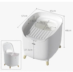 White pet litter box with dimensions, wooden legs, and lid for cats or dogs