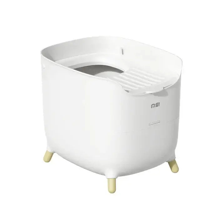 White cat litter box with beige legs and grated entrance, modern pet supply for indoor cats