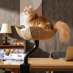 Michu DeskMate Desk-Mounted Cat Tree Perfect For WFH featuring a cat perched on a stylish woven bed in a modern workspace.