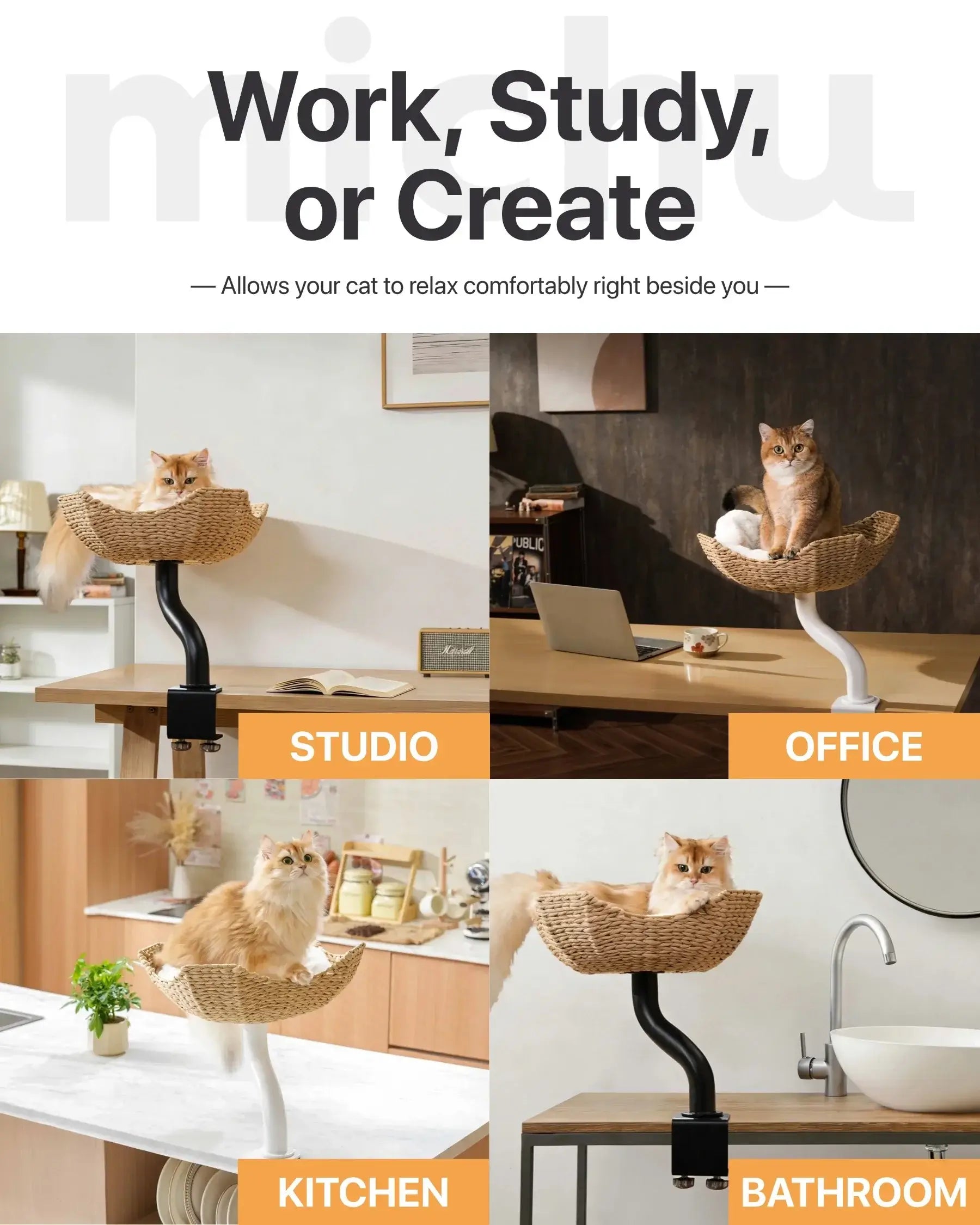 Michu DeskMate Desk-Mounted Cat Tree Perfect For WFH displayed in different home office settings.
