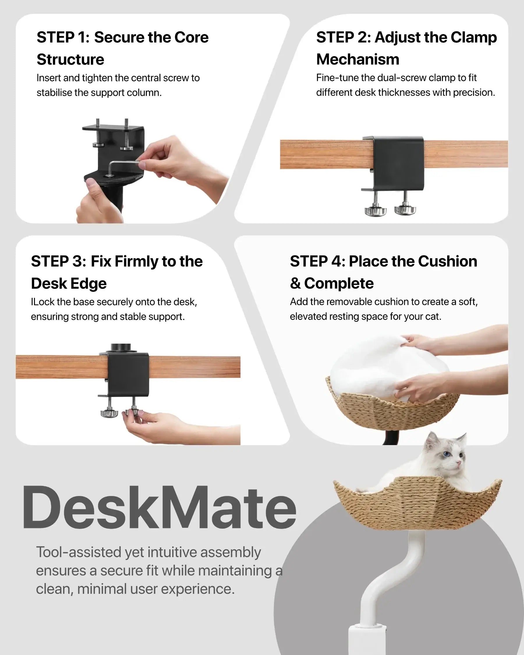 Step-by-step guide for Michu DeskMate Desk-Mounted Cat Tree Perfect For WFH assembly with cat lounging.