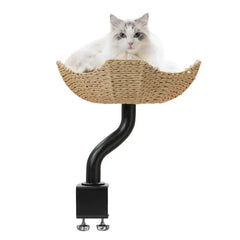 Michu DeskMate Desk-Mounted Cat Tree Perfect For WFH with a cat lounging on a woven perch.