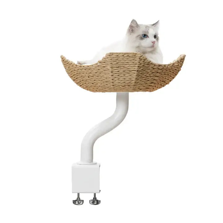 Michu DeskMate Desk-Mounted Cat Tree Perfect For WFH with a cat lounging on its woven perch.