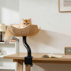 Michu DeskMate Desk-Mounted Cat Tree Perfect For WFH with a cat lounging comfortably in a woven perch.
