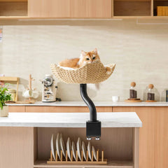 Michu DeskMate Desk-Mounted Cat Tree Perfect For WFH with a cat lounging comfortably in a sleek, woven perch.