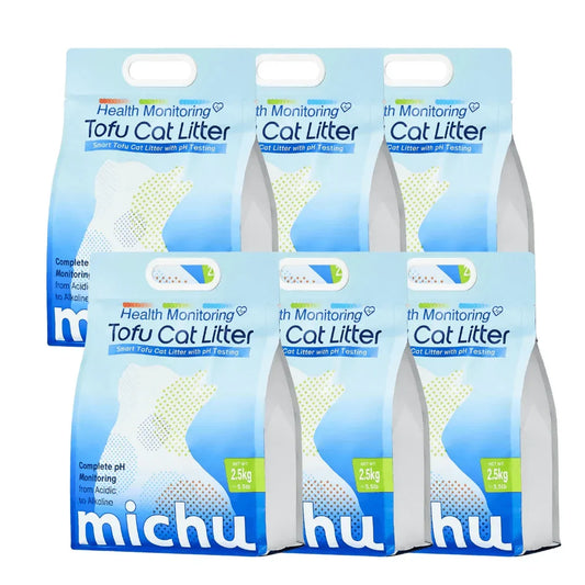 Michu Health Monitoring Cat Litter 2.5kg/6L - pH Monitoring from Acidic to Alkaline bags in a display.