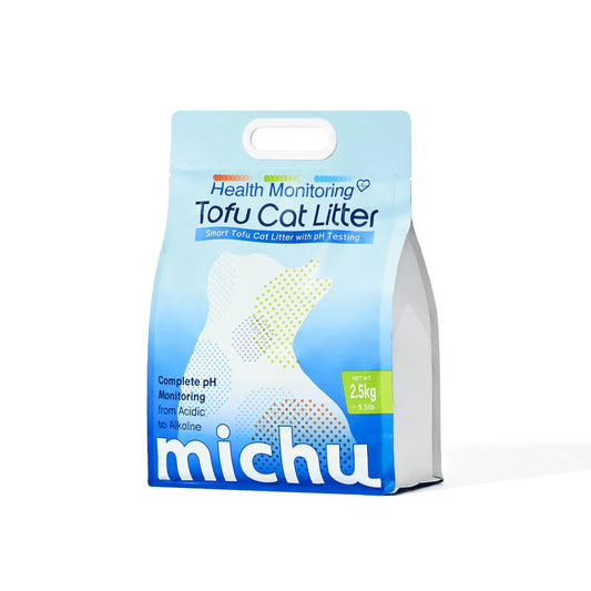 Michu Health Monitoring Cat Litter 2.5kg/6L - pH Monitoring from Acidic to Alkaline packaging with health indicator.