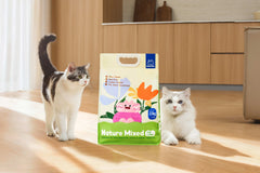 Michu Mixed Nature Plant Cat Litter –Tofu & Cassava Litter 2.5kg/6L displayed with two cats in a home setting.