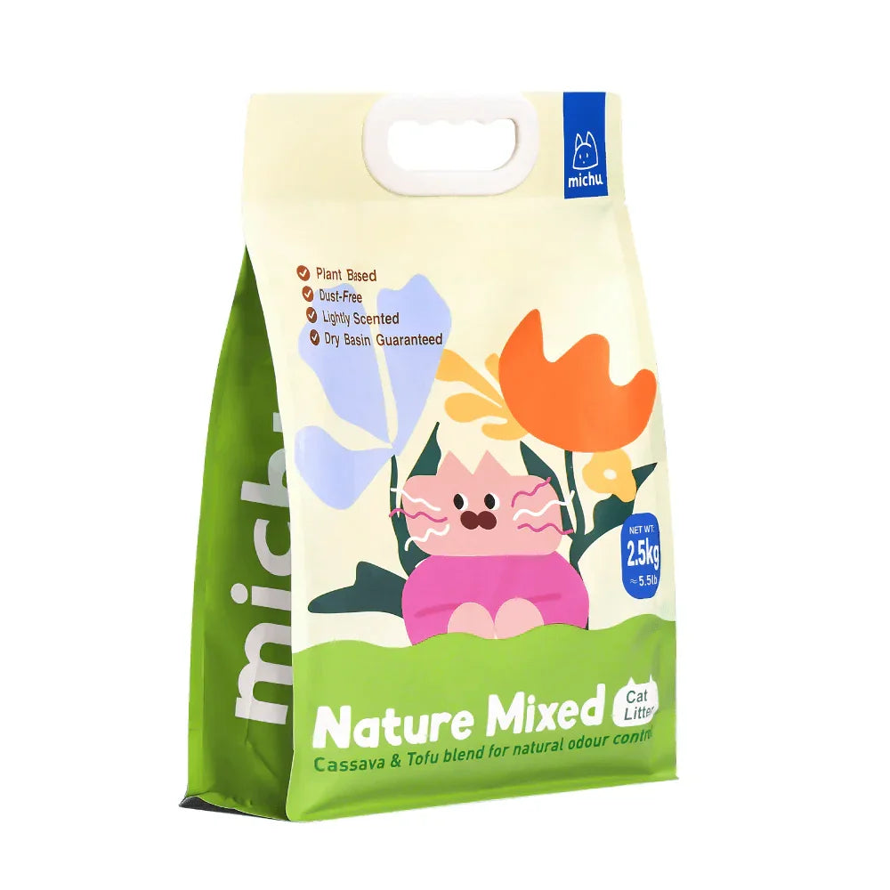 Michu Mixed Nature Plant Cat Litter –Tofu & Cassava Litter 2.5kg/6L packaging with cats and flowers design.