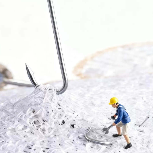 Close-up of a miniature worker using a tool on a pile of white material with a metal hook in the background.