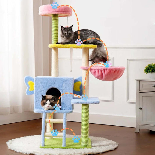 Multi-Level Cat Tree Tower with Hammock and Sisal Posts 136cm featuring two cats playing on colorful platforms.