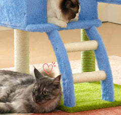 Multi-Level Cat Tree Tower with Hammock and Sisal Posts 136cm with cats lounging on it.