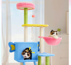 Multi-Level Cat Tree Tower with Hammock and Sisal Posts 136cm featuring playful cats in a colorful indoor setting.