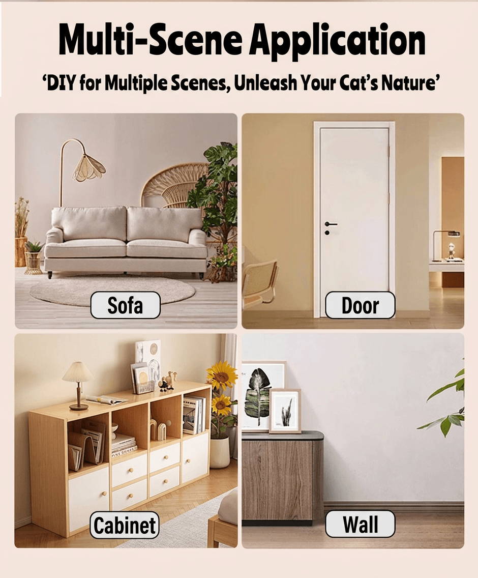 Multi-Scene Application of Aesthetic Wall-Mount Cat Scratch Pad Wall Protector showcasing sofa, door, cabinet, and wall.