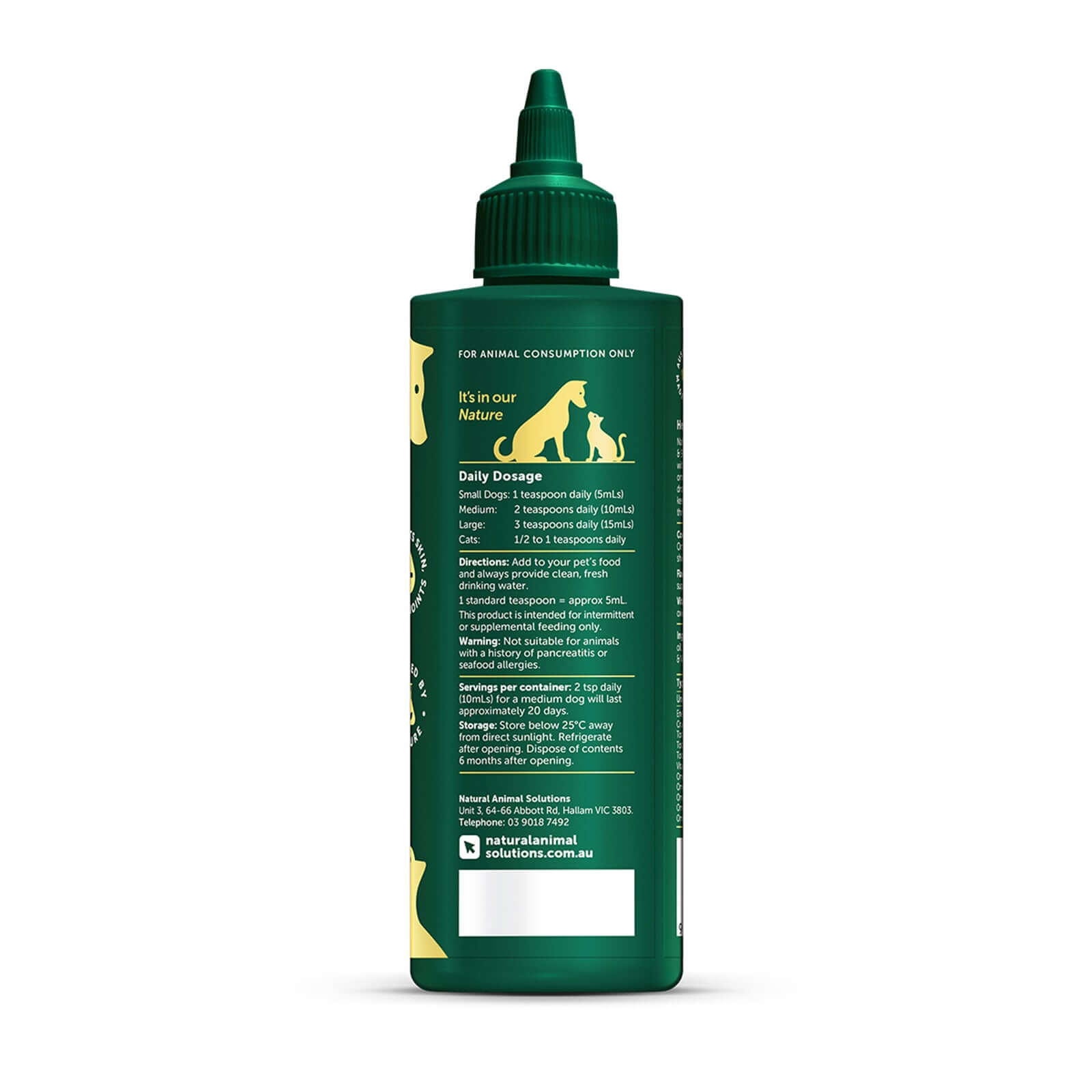 NAS Omega 3 6 & 9 Oil for Dogs & Cats 200ml product packaging back view with dosage instructions.