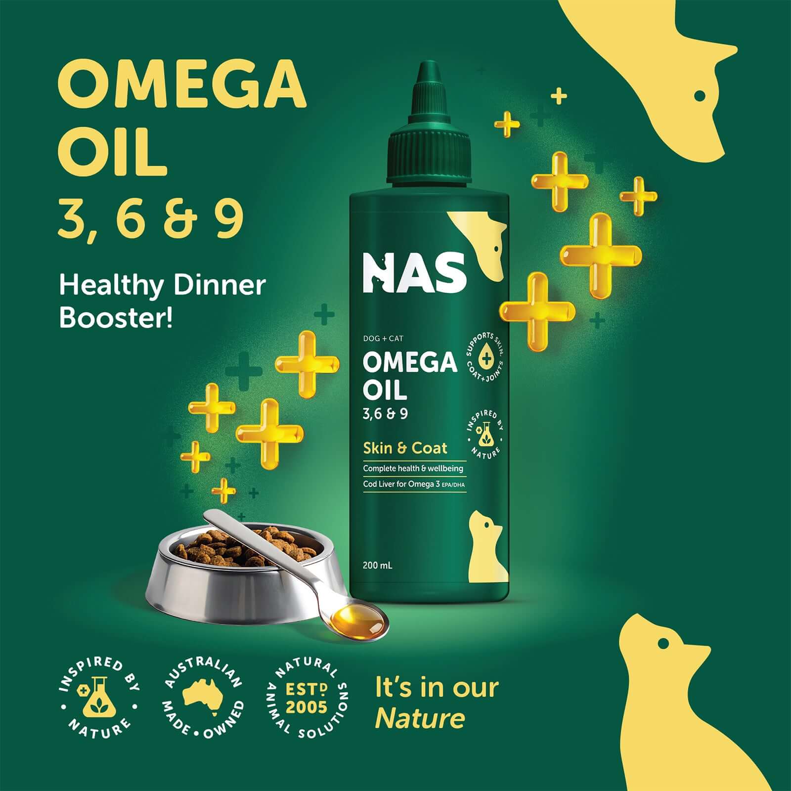 NAS Omega 3 6 & 9 Oil for Dogs & Cats 200ml healthy dinner booster for pets.