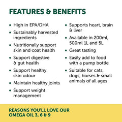 Features and benefits of NAS Omega 3 6 & 9 Oil for Dogs & Cats 200ml, highlighting health support for pets.