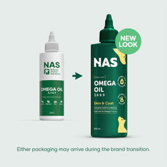 NAS Omega 3 6 & 9 Oil for Dogs & Cats 200ml, skin and coat health, new packaging, brand transition