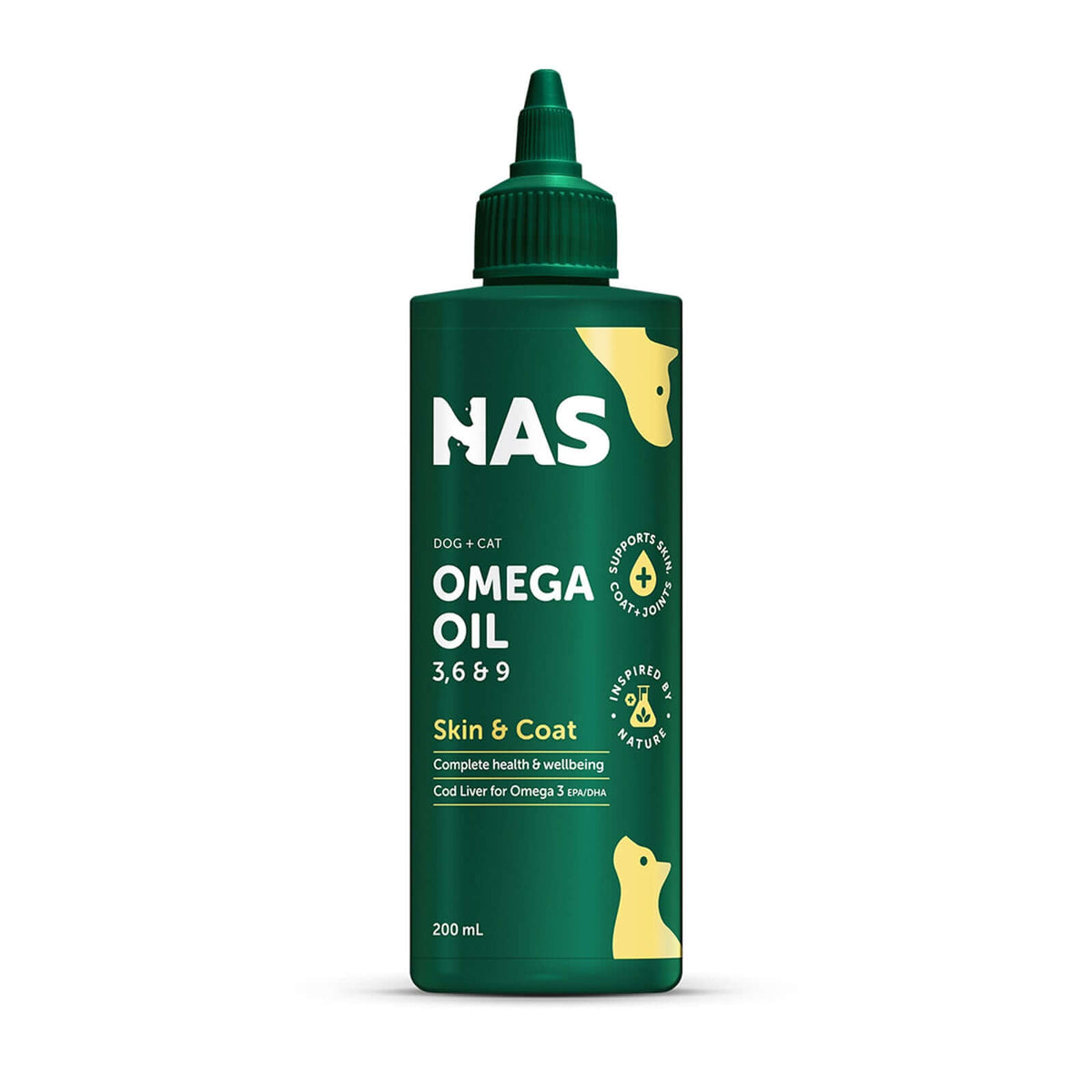 NAS Omega 3 6 & 9 Oil for Dogs & Cats 200ml bottle promoting skin and coat health.