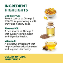 Ingredient highlights of NAS Omega 3 6 & 9 Oil for Dogs & Cats 200ml, featuring Cod Liver Oil, Flaxseed Oil, and Vitamin E.