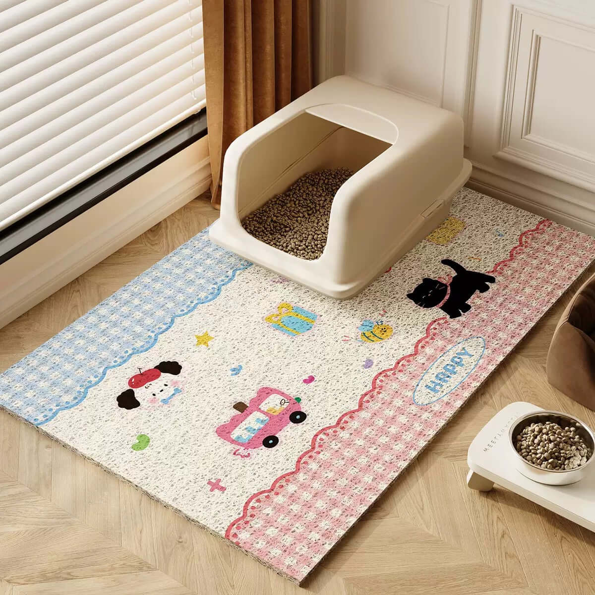Non-Slip Easy Clean PVC Cat Litter Mat Pink under a litter box with playful designs of cats and cars.