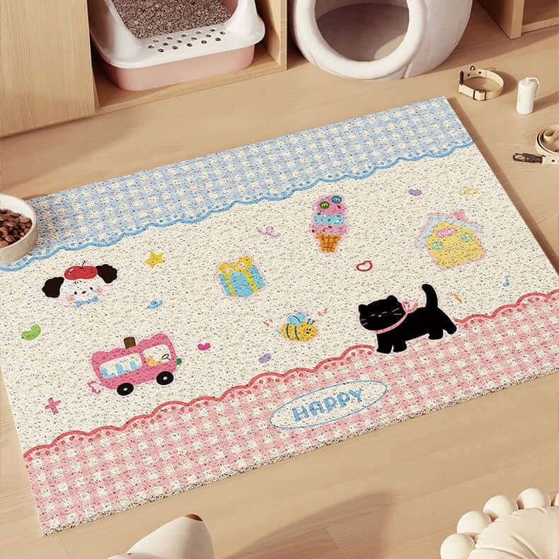 Non-Slip Easy Clean PVC Cat Litter Mat Pink with cute cartoon designs featuring cats, cars, and bees on a playful background.