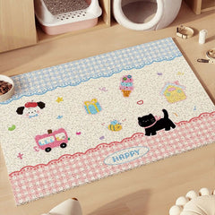 Non-Slip Easy Clean PVC Cat Litter Mat Pink with cute cartoon designs featuring cats, cars, and bees on a playful background.