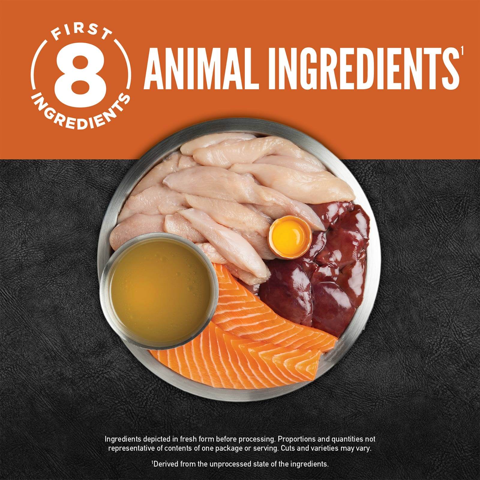Close-up of fresh animal ingredients for ORIJEN Original Chunks & Shreds Adult Wet Cat Food 155g ×6.