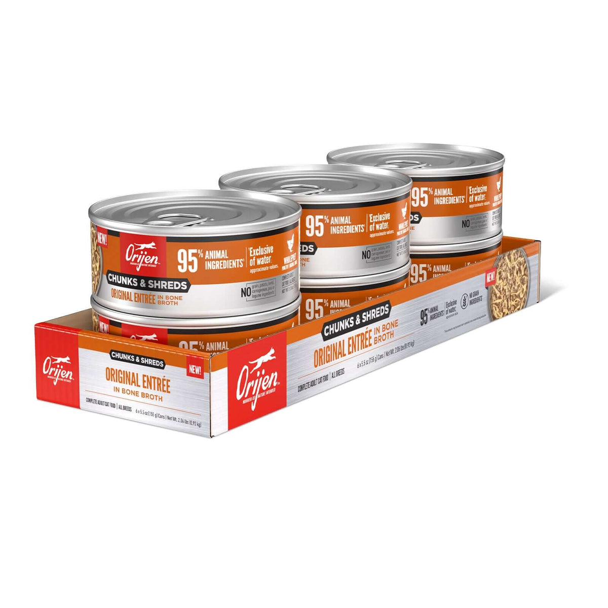 ORIJEN Original Chunks & Shreds Adult Wet Cat Food 155g ×6 pack with animal ingredients.
