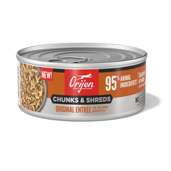ORIJEN Original Chunks & Shreds Adult Wet Cat Food 155g ×6 can with 95% animal ingredients.
