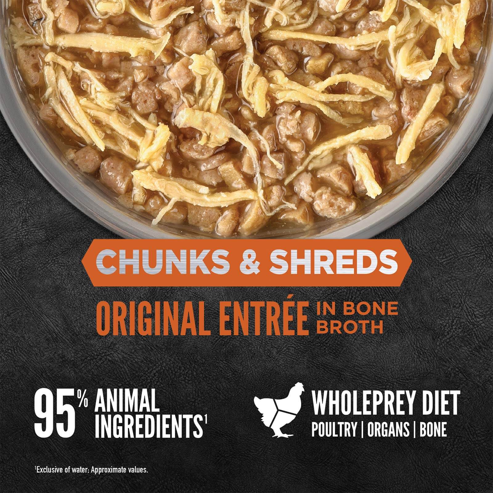 ORIJEN Original Chunks & Shreds Adult Wet Cat Food 155g ×6 in a bowl with textures and 95% animal ingredients.