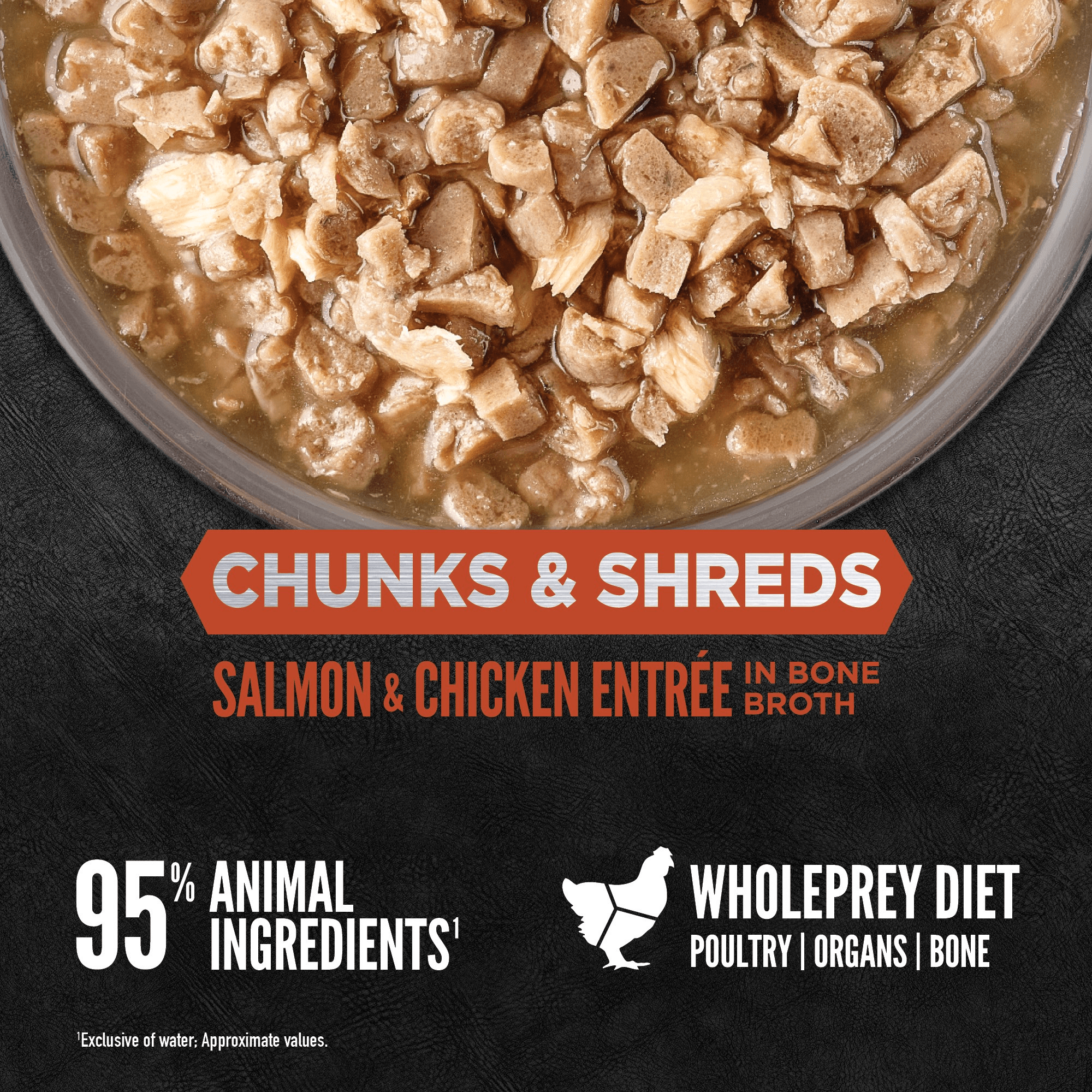 Orijen Salmon & Chicken Chunks & Shreds Adult Wet Cat Food 155g ×6 in bone broth with visible chunks and shreds.