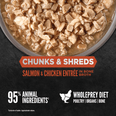 Orijen Salmon & Chicken Chunks & Shreds Adult Wet Cat Food 155g ×6 in bone broth with visible chunks and shreds.