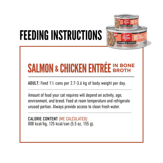 Orijen Salmon & Chicken Chunks & Shreds Adult Wet Cat Food 155g ×6 feeding instructions infographic